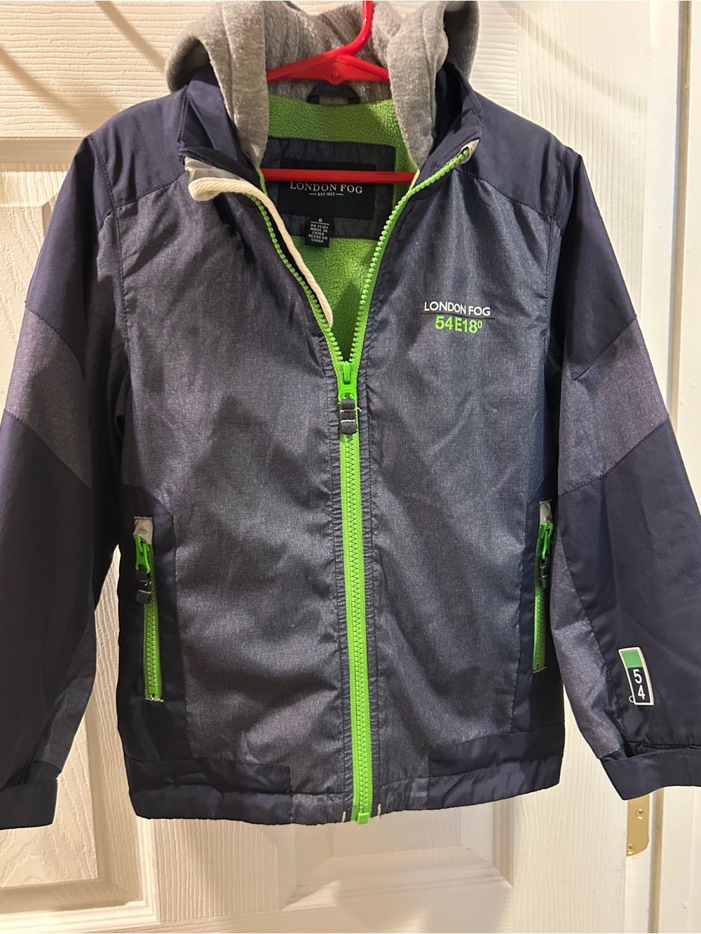 London Fog Boys Jacket Size 6 Hooded Fleece Lined Weatherproof Navy Blue Green